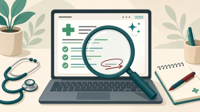 Ilustración de una laptop con una página web médica revisada con una lupa: líneas marcadas con checks verdes, una corrección encerrada en rojo y un destello de inteligencia artificial; al lado, un estetoscopio, una libreta con bolígrafo y plantas