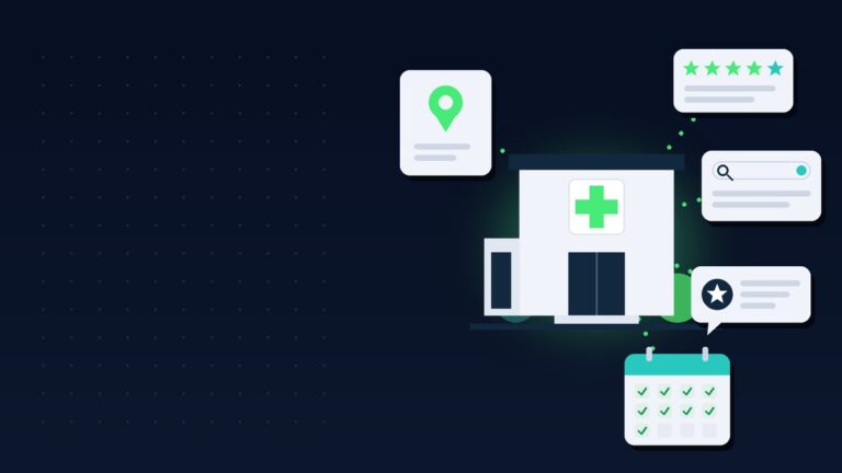 Ilustración de un consultorio médico con una cruz verde rodeado de tarjetas flotantes: un pin de mapa, una calificación de cinco estrellas, una barra de búsqueda, un chat con un ícono de estrella y un calendario con citas marcadas