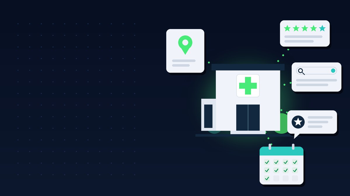 Ilustración de un consultorio médico con una cruz verde rodeado de tarjetas flotantes: un pin de mapa, una calificación de cinco estrellas, una barra de búsqueda, un chat con un ícono de estrella y un calendario con citas marcadas